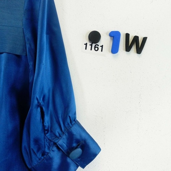 Reiss Button Front Top Womens 4 S Silk Cotton Puff Sleeve Blue Round Neck Blouse - Picture 8 of 8